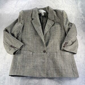 Vintage 90s Classique Habits Blazer Women 16 Grey Wool Glen Plaid Single Button